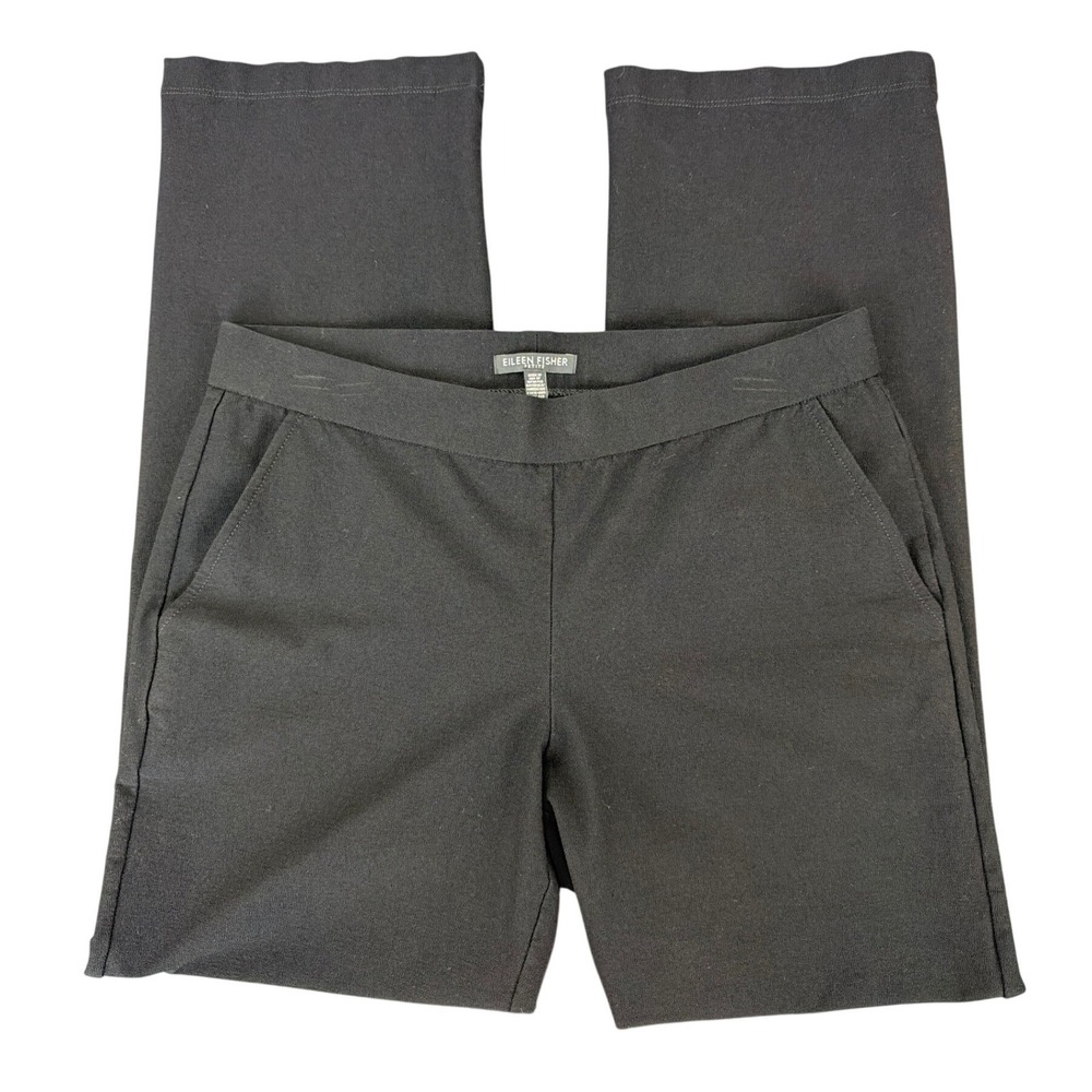 Eileen Fisher Black Pull On Straight Leg Pants Size MP Stretch Mid Rise Staple